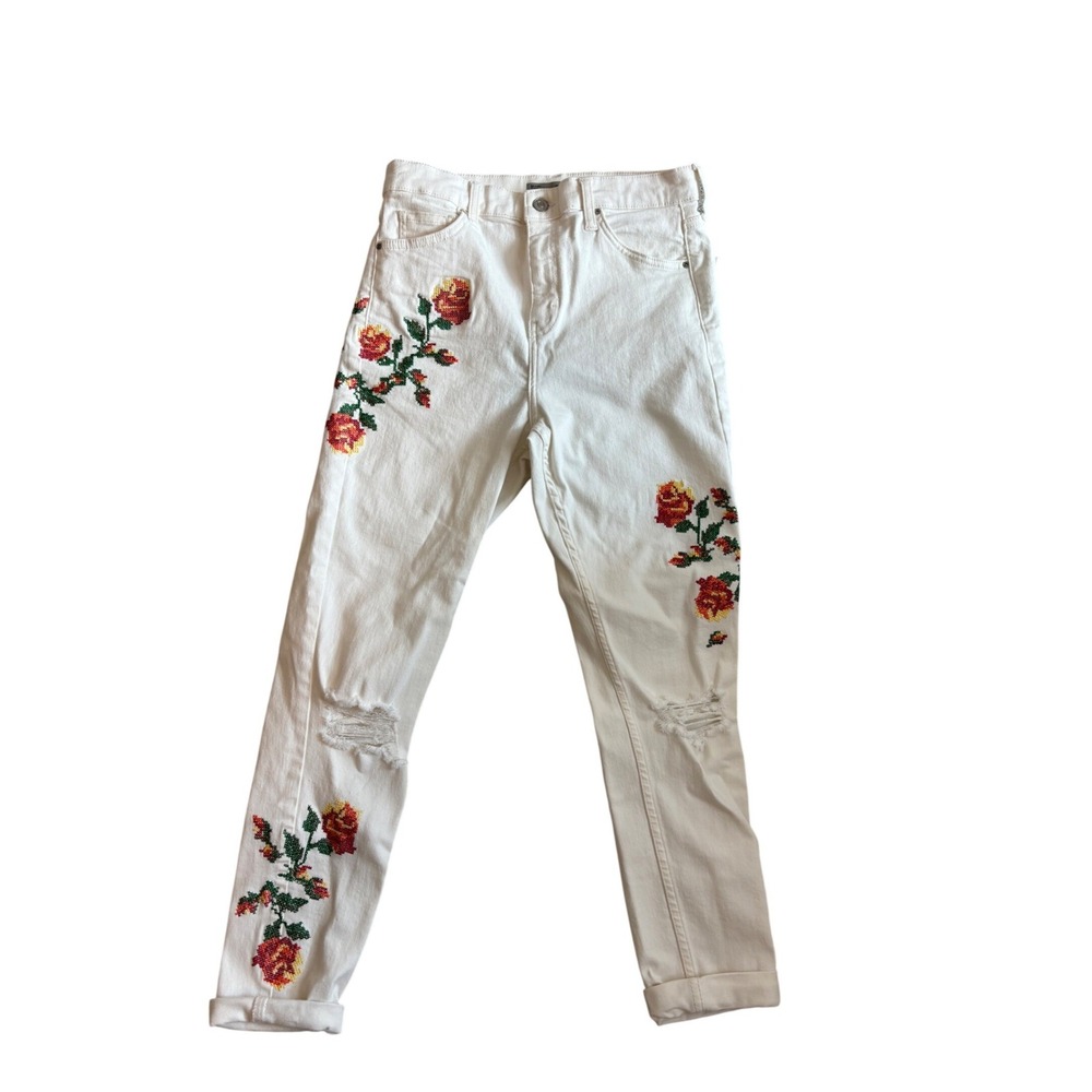Topshop Jamie Crop Jeans Womens W30‎ White Rose Embroidered Distressed Boho
